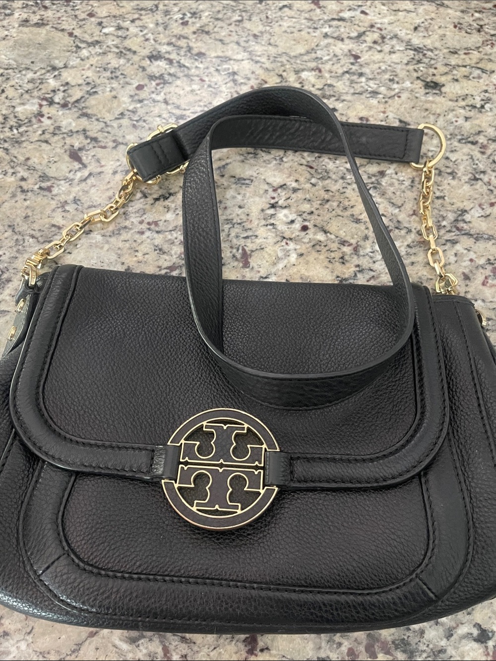 Tory Burch Black Leather Shoulder Bag with Gold Logo Accent